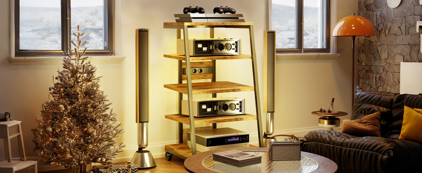 HiFi тумба з колесами для програвача, стереосистеми та ТВ 60x52x78 см. Дерев'яна, 5 полиць, з розетками та LED підсвіткою