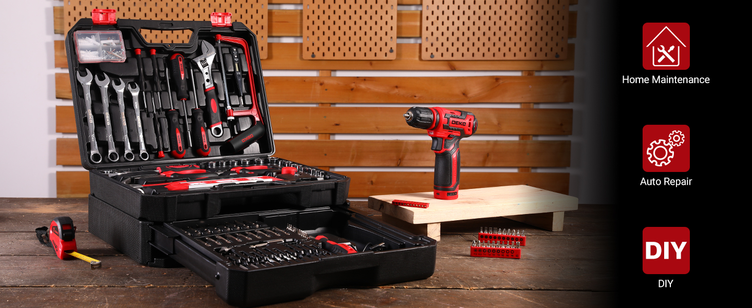 Акумуляторна дриль-шуруповерт DEKO 12V: набір інструментів 238 шт. з акумулятором для дому, ремонту та рукоділля (червоний)