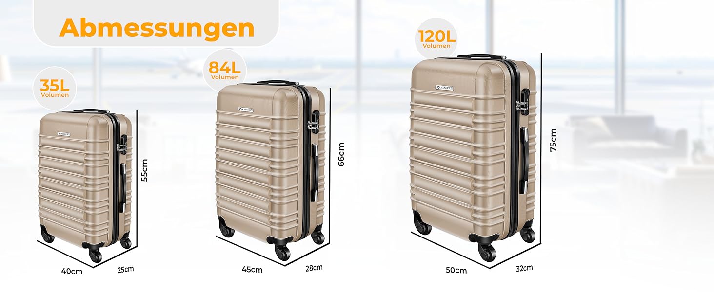 Чемодан KESSER® середній, жорсткий корпус, вага + бірка для багажу | Валіза-роликовий чемодан з кодовим замком, 4 колеса, ABS, телескопічна ручка (66x45x28см / 84 літри, шампань) 66см - 84Л шампань