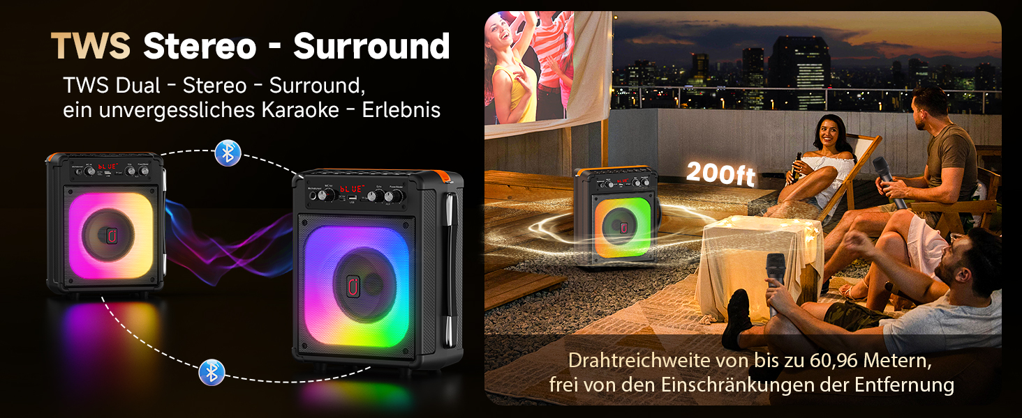 Караоке машина з 2 мікрофонами, портативна караоке система з бездротовими мікрофонами, Bluetooth колонка з LED-підсвіткою для дорослих та дітей, TX06 -NEW