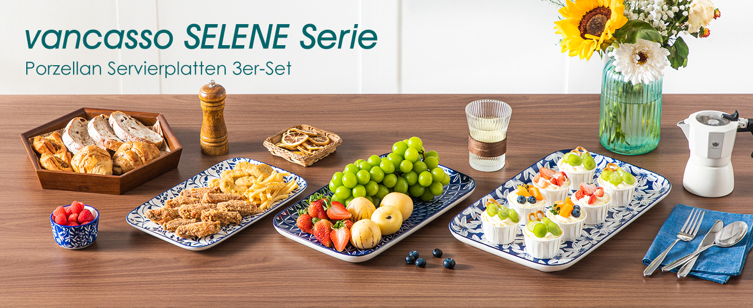 Набір сервіровочних тарілок Vancasso SELENE (3 шт.) - блакитно-білий сервіз для закусок, буфетів та святкового столу