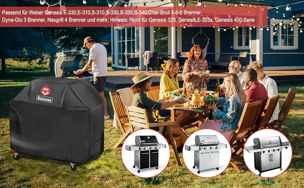 Semoss Grill Cover Weatherproof 147 cm, Waterproof Protective Cover for Weber Genesis E-330, E-310, S-310, S-330, S-335, S-340, Heavy Duty Grill Cover Gas Grill Cover, 147L x 63W x 113H cm