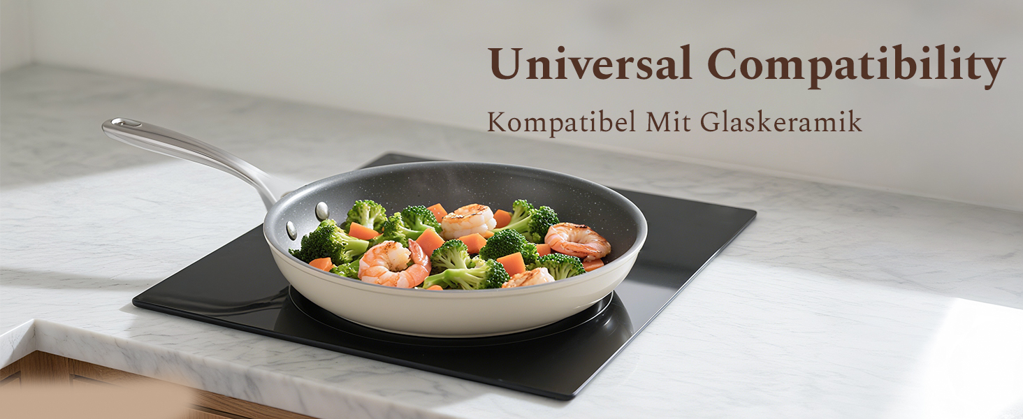 Набір сковорідок Koch Kode: керамічне покриття, 20/24/28 см, з нержавіючою ручкою, для індукційних плит, без PTFE та PFOA, безпечне для здоров'я, бежевий (20 см)