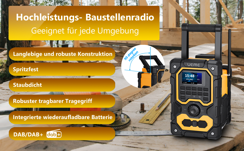 Радіо для будівельного майданчика DAB+ FM з Bluetooth 5.0, 16W стерео, акумулятор 8000mAh (18h), USB зарядка, Aux, вологозахист, пилозахист (жовто-чорне)