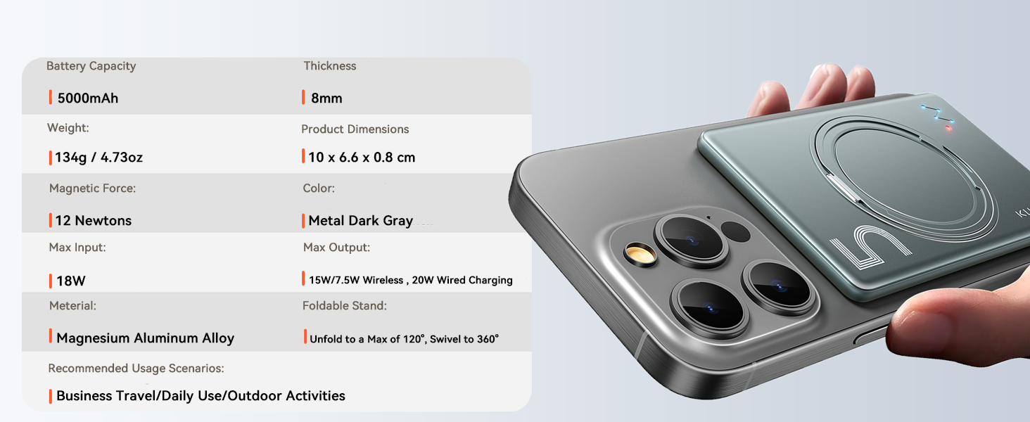 Power Bank Kuulaa MagSafe 5000mAh з бездротовою зарядкою та USB-C, для iPhone 17/16/15/14/13/12, сірий колір