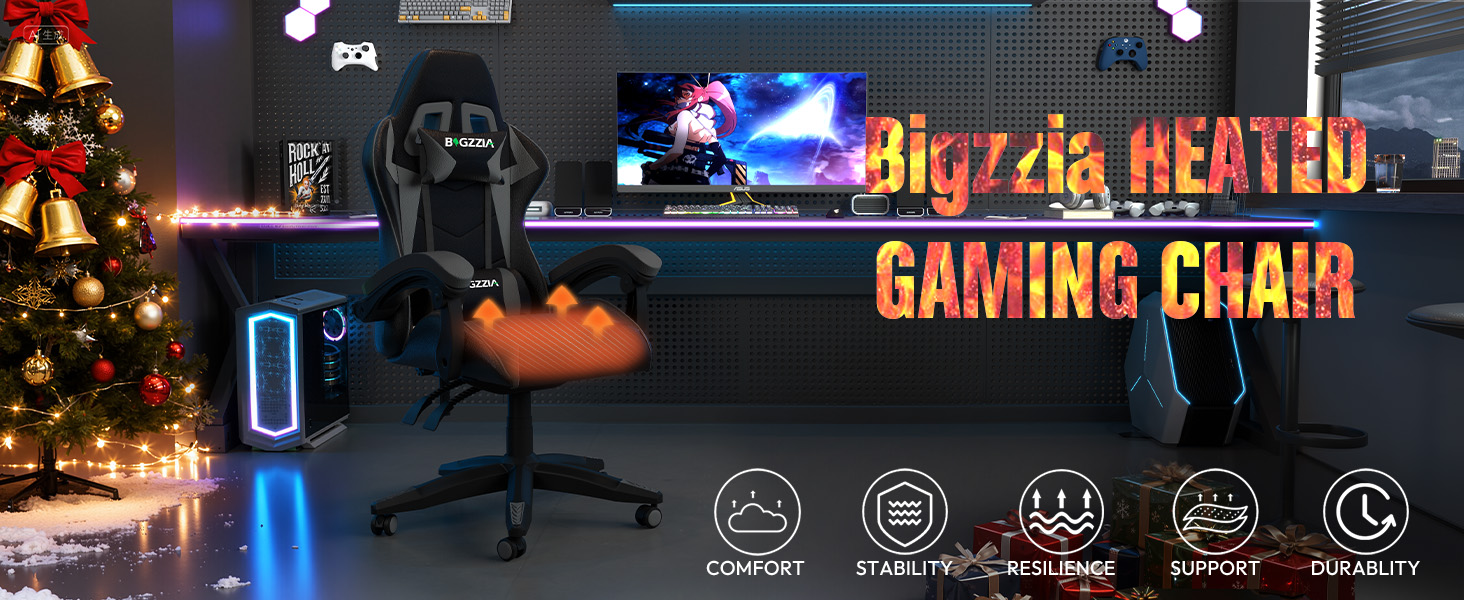 Ігрове крісло Bigzzia Gaming Stuhl з підігрівом, регульована спинка 90-135°, ергономічний геймерський стілець (сірий)