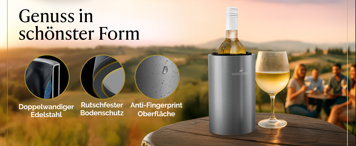 Охолоджувач для вина BARMINGO з нержавіючої сталі з 2 охолоджувальними акумуляторами – охолоджувач для напоїв та пляшок для вина, шампанського та секту | Подвійний сектокюлер з охолоджувальними манжетами | Охолоджувач для винних пляшок | Золотий