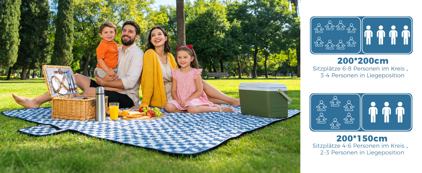 Плед для пікніка Oak & Tea 200x200 см, водонепроникний, ізолюючий, XXL, складаний килимок для пляжу, кемпінгу, подвір'я з міцного Оксфорду (джинсово-синій)