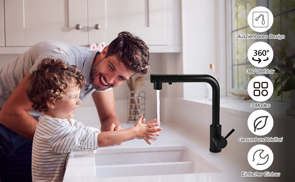 Кран кухонний висувний Cieex, 360° поворот, 4 режими, з душем, нержавіюча сталь, чорний