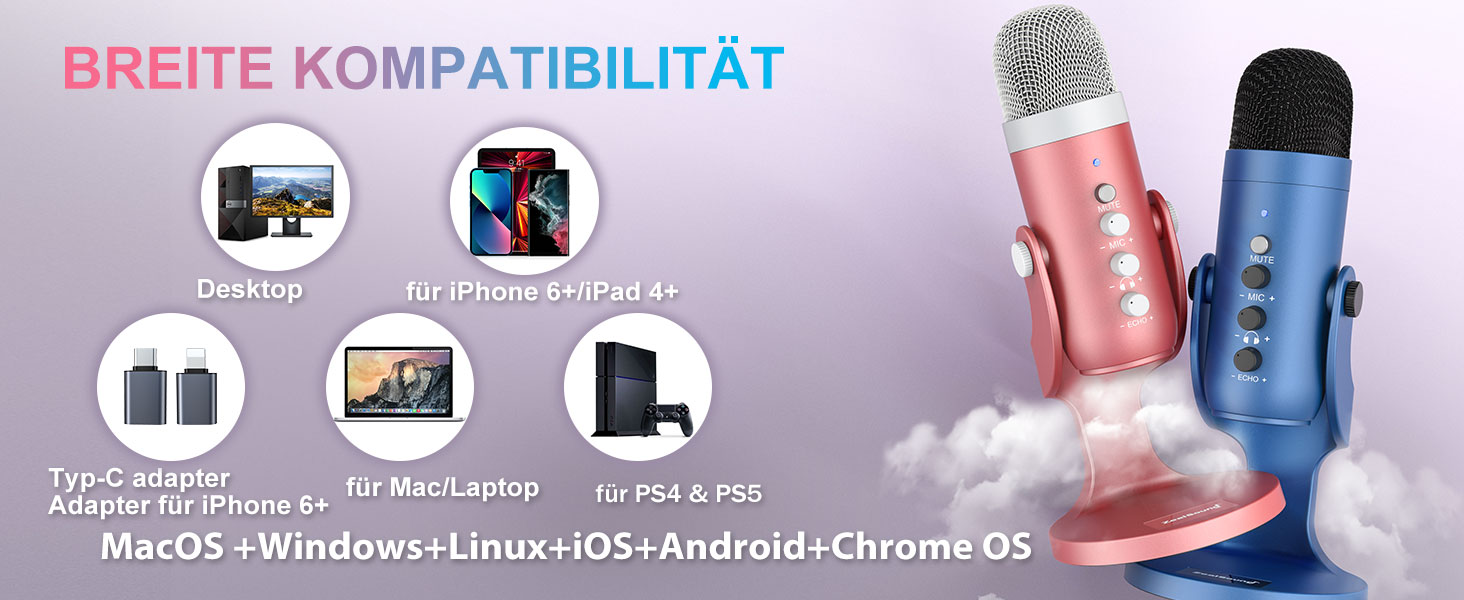 Zealsound USB мікрофон K66 Pearly White (Рожевий) з шумозаглушенням для ПК, Mac, iPhone, Android, PS4/PS5: для стрімінгу, геймінгу, ASMR, YouTube, вокалу, Twitch