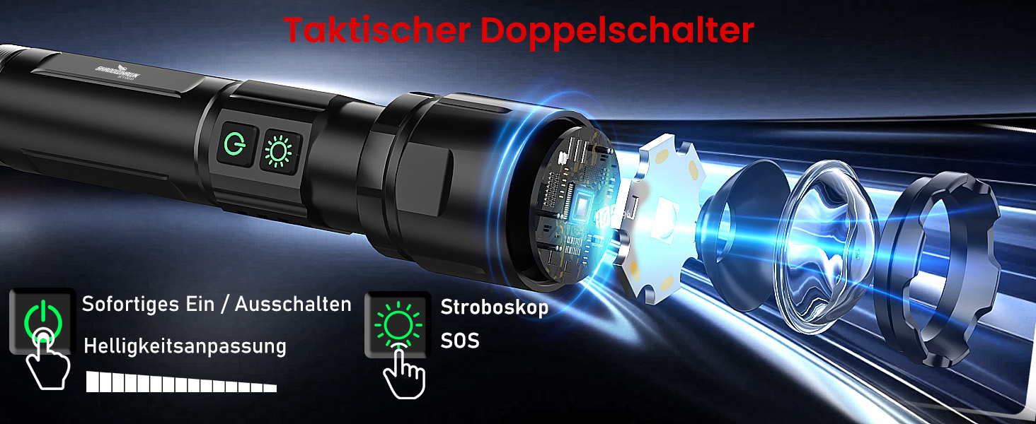 Ліхтарик Shadowhawk LED перезарядна 2 шт. | Тактичний ліхтарик (2 вимикачі) 500000 люмен, дальність до 1000м, час роботи 12 год для кемпінгу/відпочинку на природі/походів, регульована яскравість, чорний