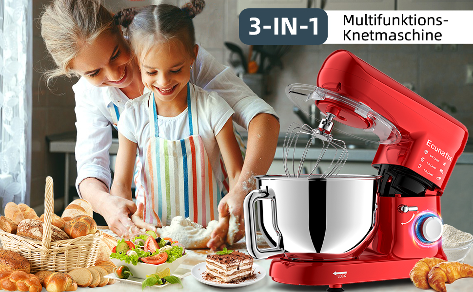 Кухонна машина для замішування тіста 2000W з чашею 6.5л з нержавіючої сталі, 6 швидкостей, з міксером, гаком для тіста, вінчиком та захистом від бризок (червона)