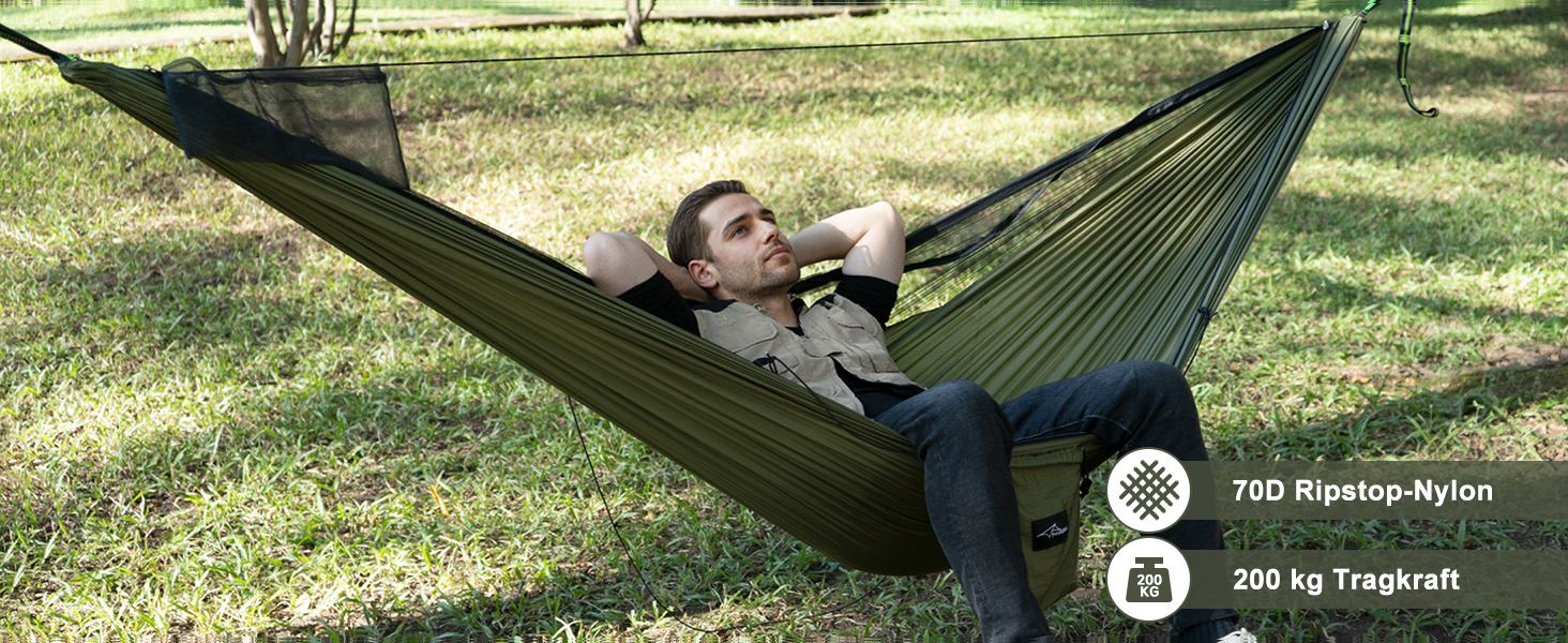 Гаммак для кемпінгу з москітною сіткою та стропом, великий на 2 особи, 290 x 140 см, легкий, для відпочинку на природі, походів, подорожей та рюкзаків, колір: оливковий