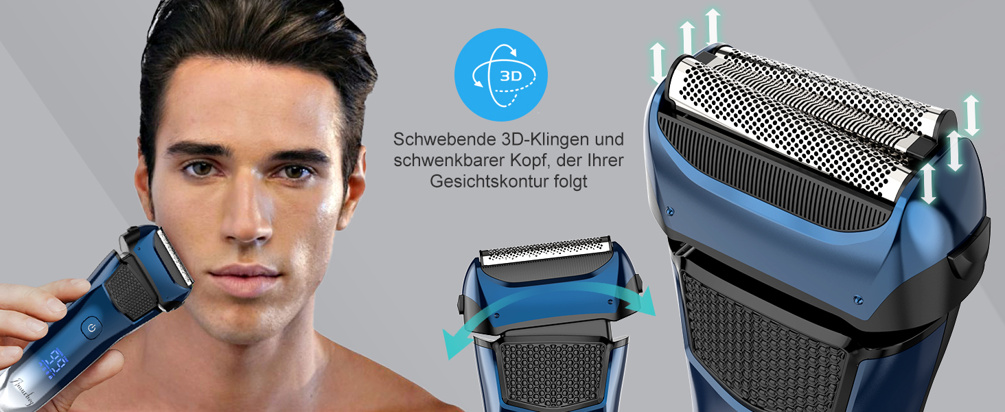 Електрична бритва чоловіча з 3 гнучкими лезами та тримером, синя. Бритва для вологого та сухого гоління, з кейсом для подорожей, акумуляторна, 120 хв роботи. Подарунок для чоловіків