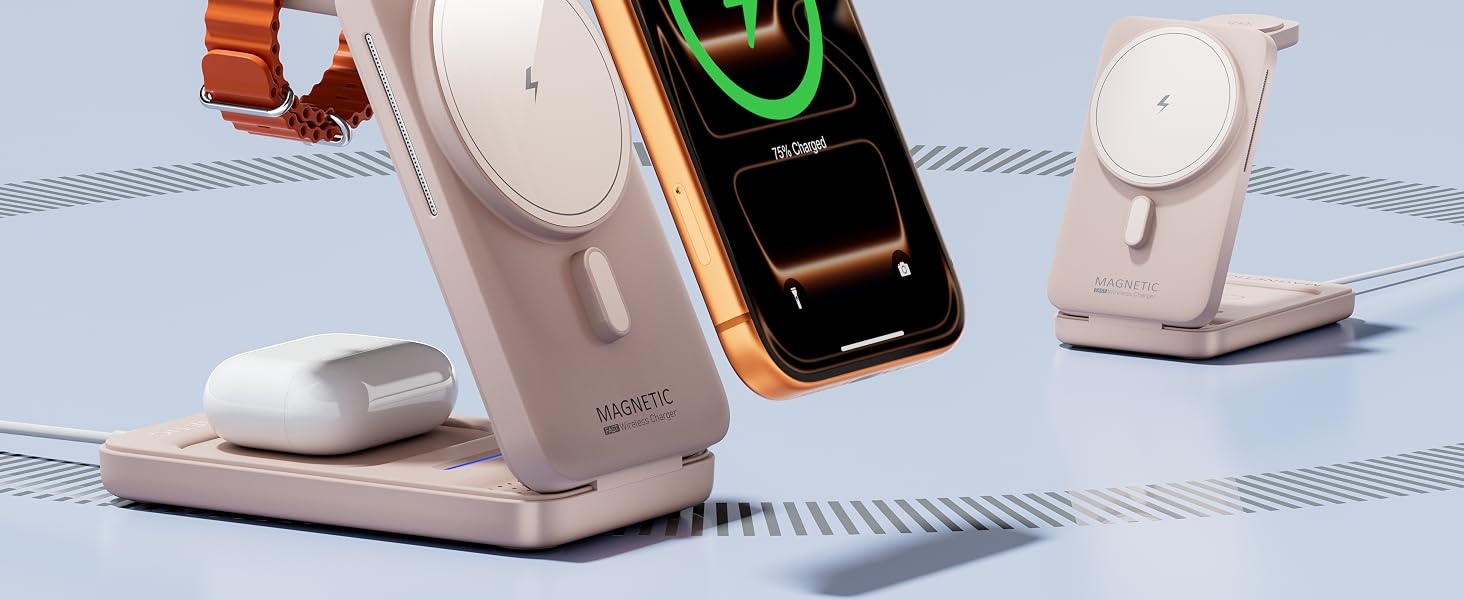 Бездротова зарядна станція KPON MagSafe 3-в-1 для iPhone 17-12, Apple Watch 11-2 та AirPods, складана швидка зарядка з адаптером 20W, Рожева