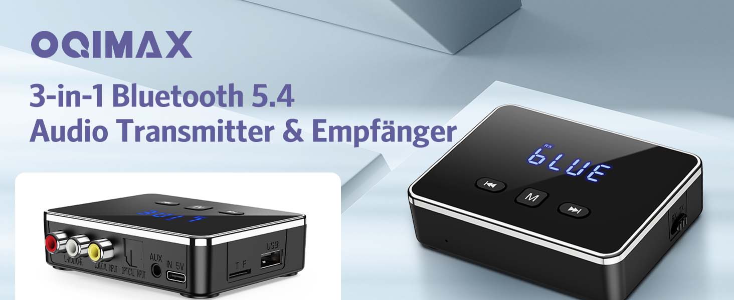 OQIMAX Bluetooth 5.4 Передавач/Приймач: 3-в-1 Bluetooth адаптер з AUX/RCA/Оптичним виходом, підтримка TF-картки та USB, для TV, стереосистеми, низька затримка, чорний