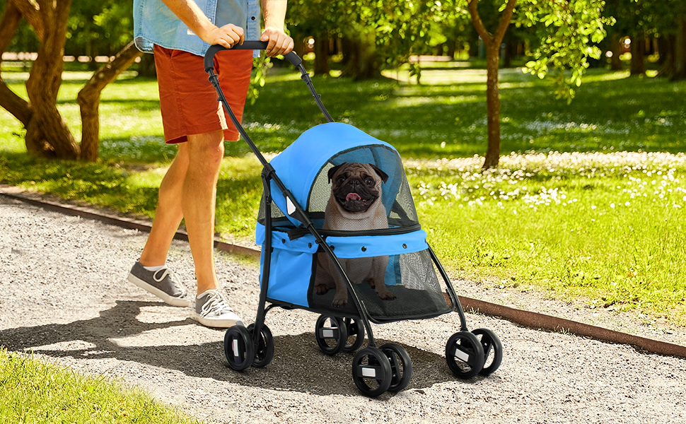 PawHut Візок для собак та котів, блакитний, до 10 кг, з подушкою та сітковими вікнами