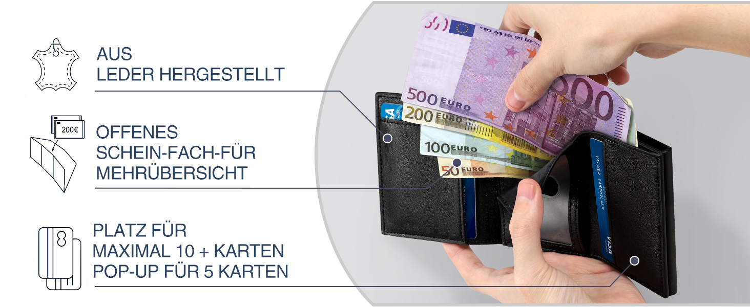 Чоловічий гаманець з відділенням для монет та RFID захистом, шкіряний, slim модель, 10 відділень для карток, чорний