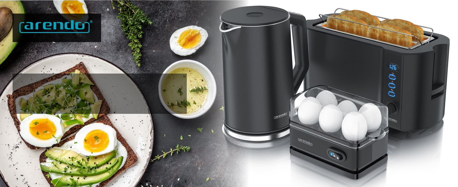 Набір Arendo: Електричний чайник 1.5л Cool Grey + Тостер на 4 тости + Електричний яйцеварник. Нержавіюча сталь