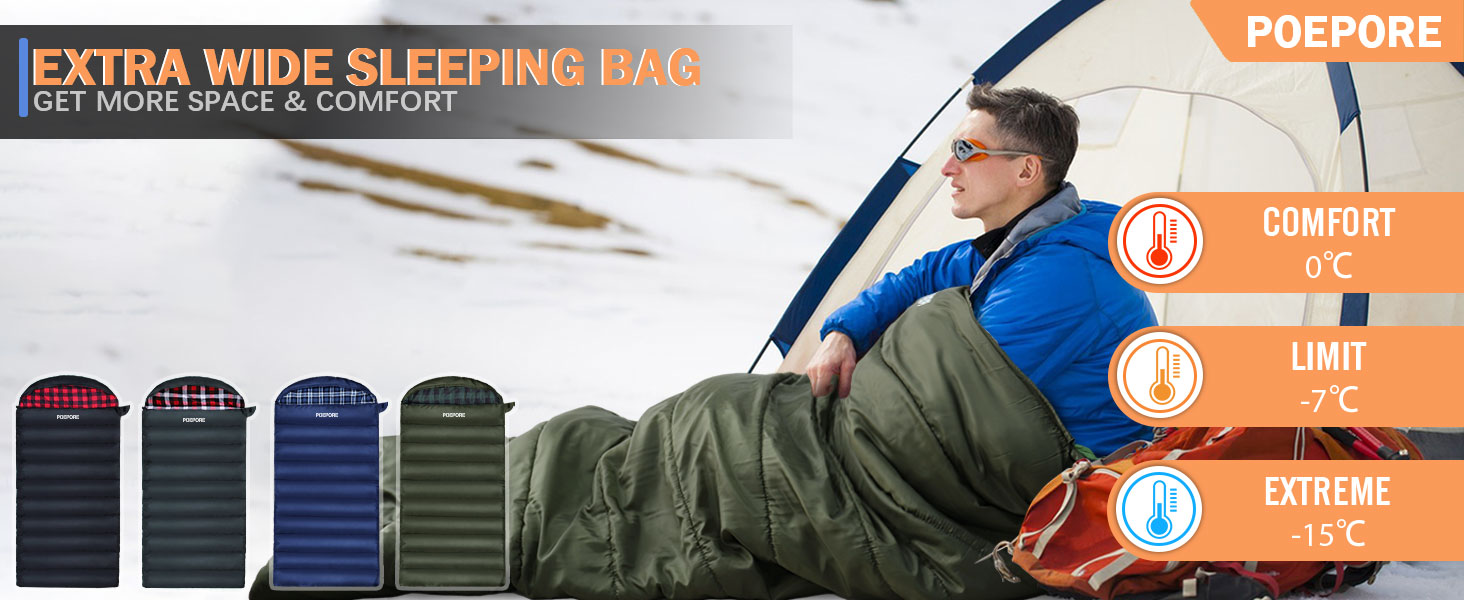 Спальний мішок Poepore Outdoor Winter для дорослих, Extra Wide, 3-4 сезони, XXL, теплий, бавовна, фланель, Deckenschlafsack, для кемпінгу, подорожей, пригод, 230 x 100 см, 0°C (Olive-L-Zip, -6°C)