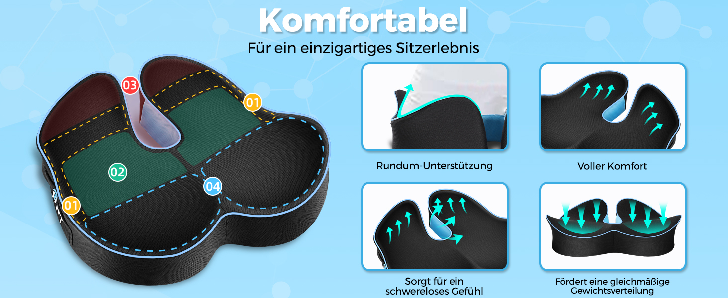 Подушка для офісного крісла POOTACK з піни Memory Foam, синя: для офісу, авто, дому, з ручкою, антиковзка