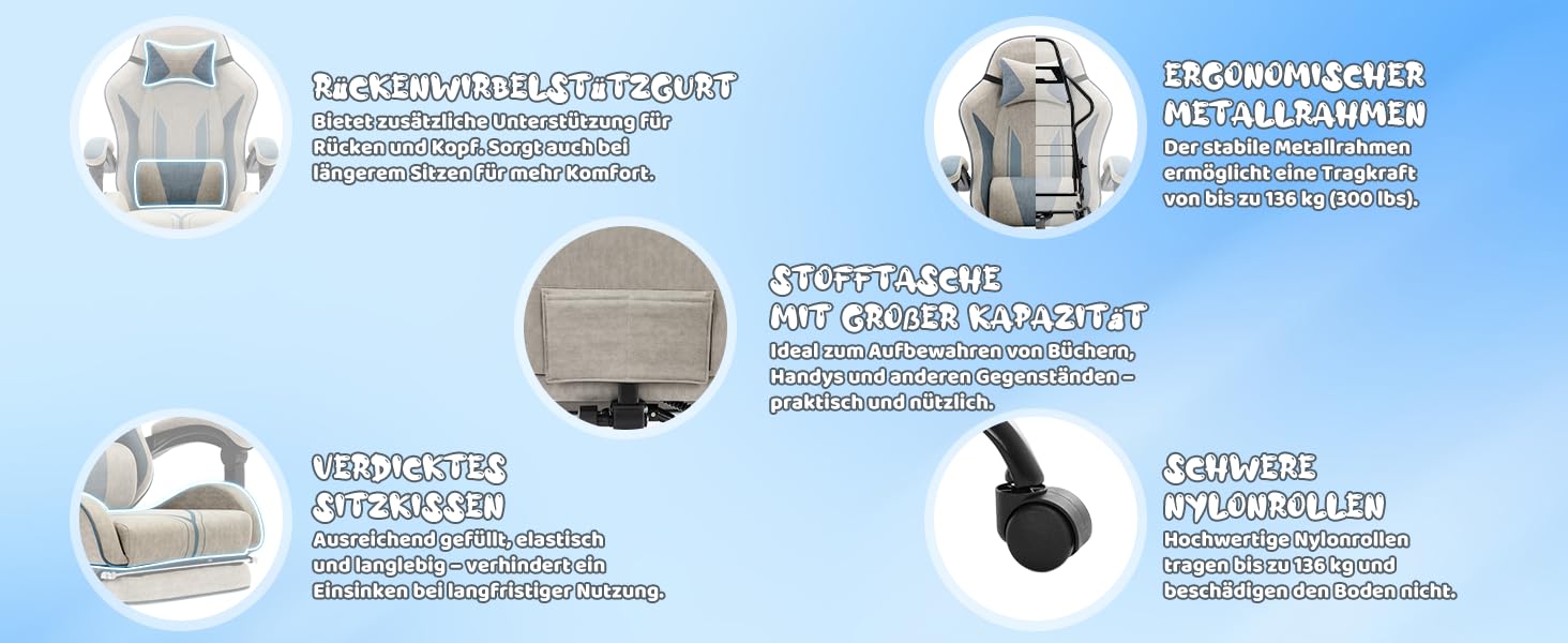 Геймерське крісло з підставкою для ніг, ергономічне, з підголівником та підтримкою попереку, сірий. Для дому, офісу, кіберспорту (до 130 кг)