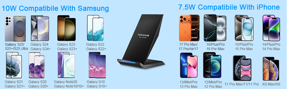 Бездротовий зарядний пристрій NANAMI 2 в 1, 15W Qi, з підставкою для телефону, для Samsung Galaxy S26/S25/S24/S23/S22 Ultra, iPhone 17/16/15/14/13/12, Чорний та Білий