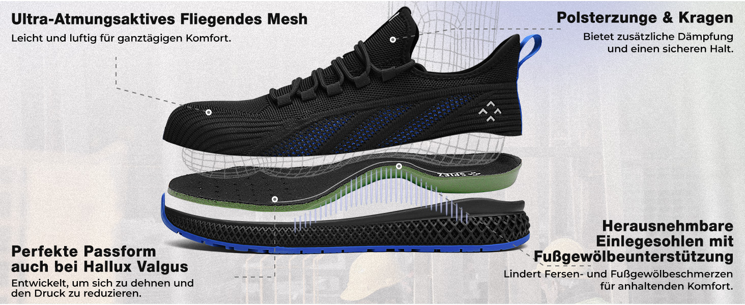 Робочі черевики SPIEZ для чоловіків та жінок, легкі, slip-on, з дихаючою сіткою, захист пальців Composite, неслизькі для складу, промисловості та повсякденного використання, чорно-сині, розміри EU35-46 (41 EU)