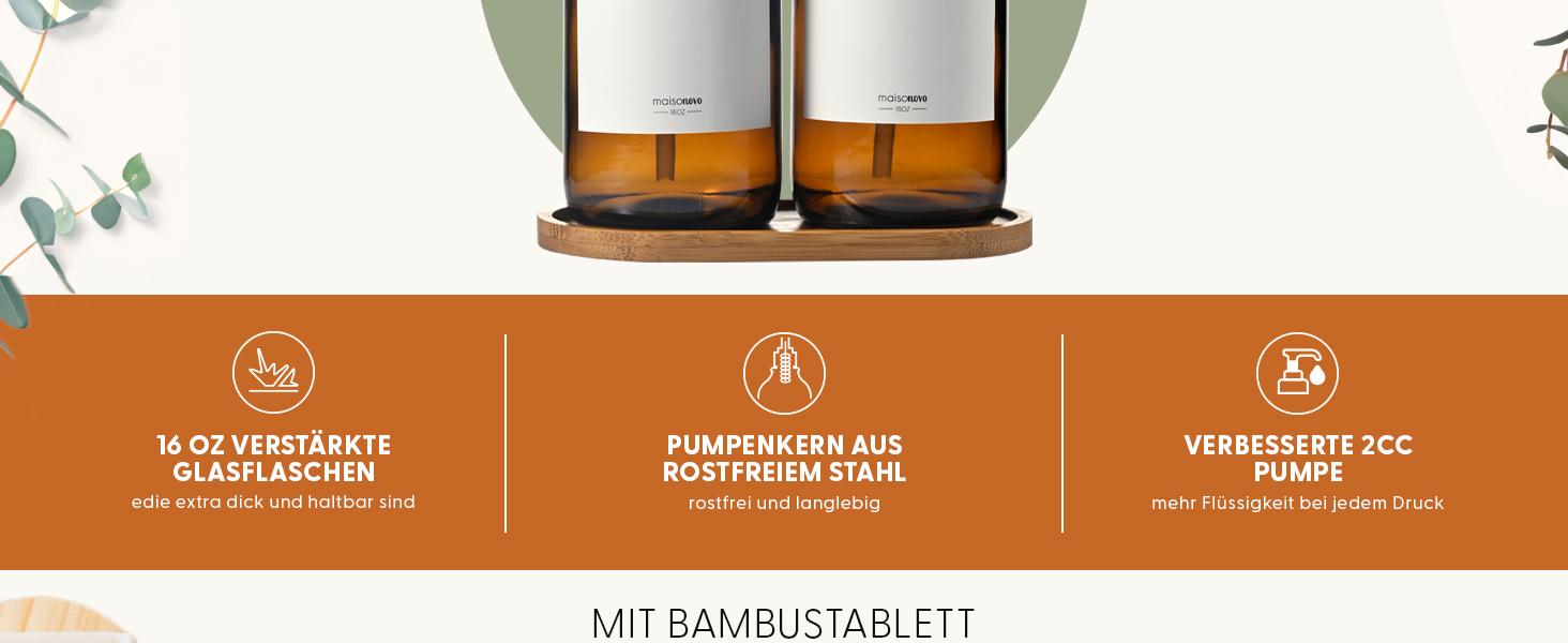 Набір дозаторів для мила та рідкого миючого засобу MaisoNovo: 2 скляні дозатори (500 мл) + 1 коричневе скло, біла бамбукова помпа