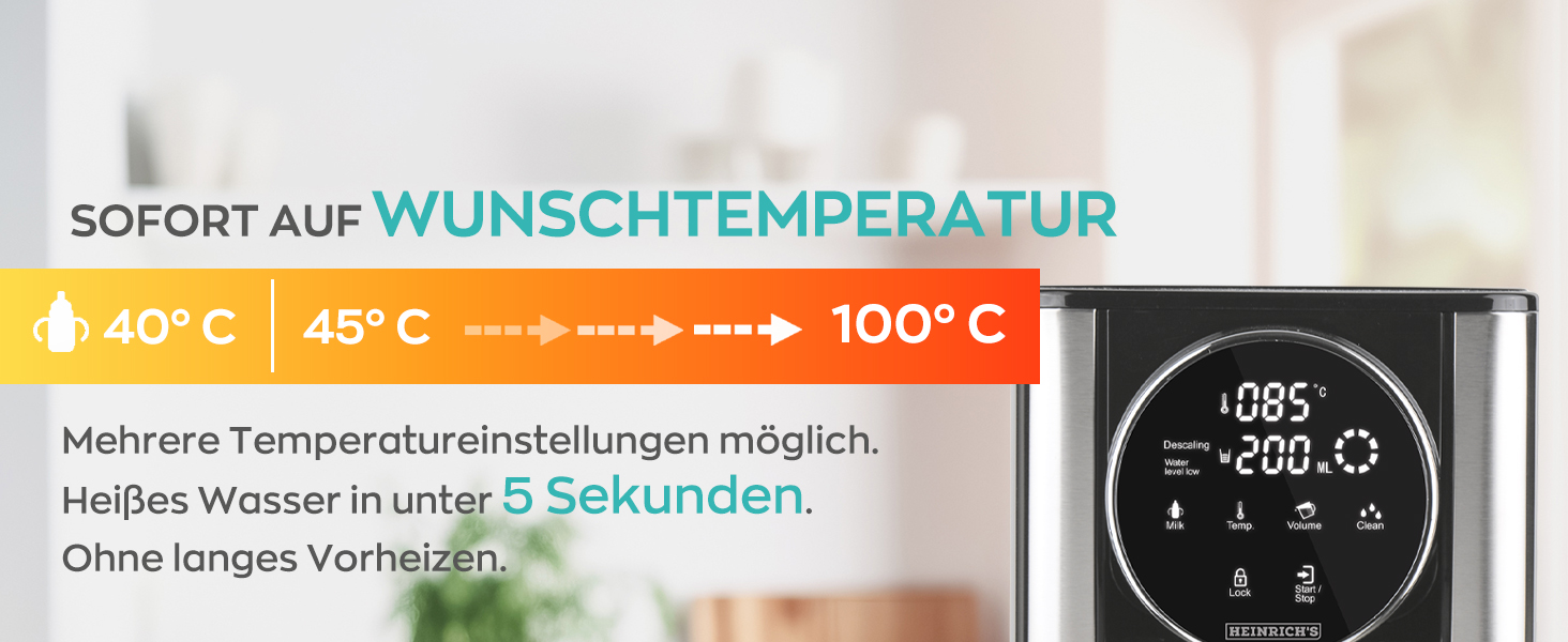Диспенсер гарячої води Heinrich's з регулюванням температури 40°-100°C, для приготування дитячого харчування, вибір об'єму 100–400 мл, сенсорний дисплей, з фільтром і функцією очищення, 2.7 л