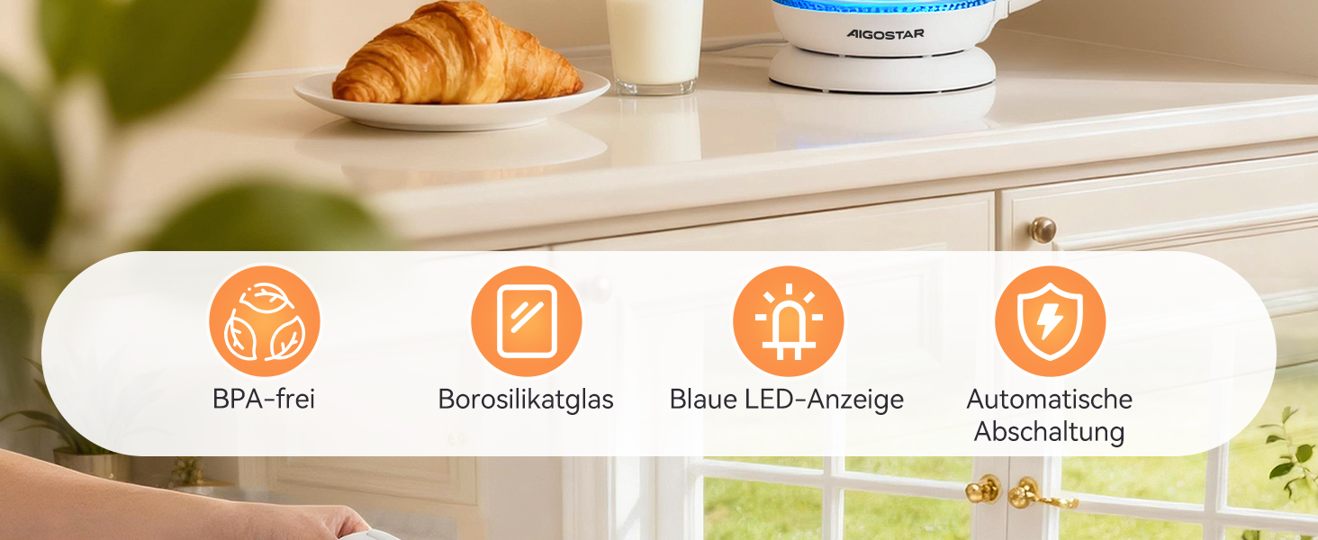 Електричний чайник Aigostar зі скла, 1 л, 2200W, LED-підсвічування, автоматичне відключення, захист від сухого кипіння, BPA Free, білий