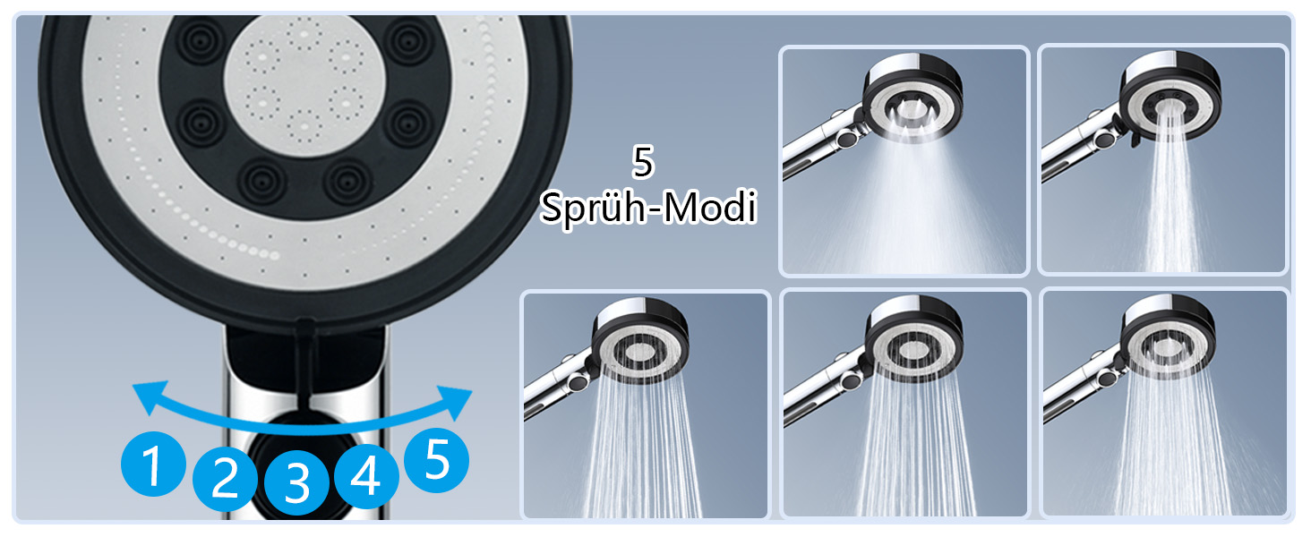 Nafall Shower Head with Filter - High Pressure Handheld Shower Head with Water Saving Design and 1.5M Hose, Shower Head with 5 Spray Patterns and Stop Function, Shower Head with Hose, Chrome (Chrome with 4 Filters)