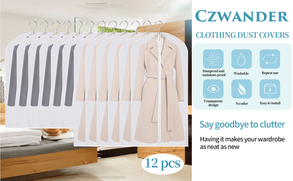 Набір мішечків для одягу Czwander, 12 шт. (60x100 + 60x120 см), моль-стійкі, з блискавкою, нейтральні/прозорі