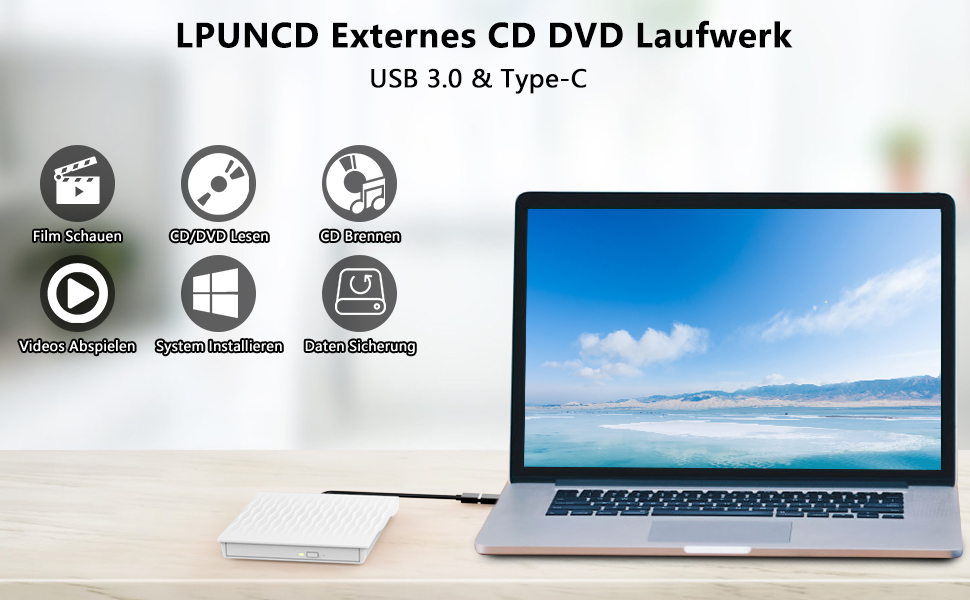 Зовнішній DVD/CD привід USB 3.0 та Type-C, DVD-записувач +/-RW для ноутбука та ПК, сумісний з Windows, macOS, Linux (Білий)