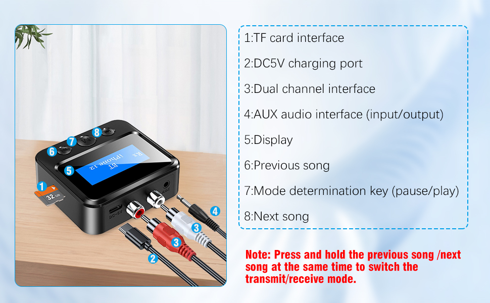 Bluetooth 5.1 Передавач/Приймач Аудіо: 2-в-1 Адаптер для ТВ, Стерео, AUX, RCA, з дисплеєм та низькою затримкою