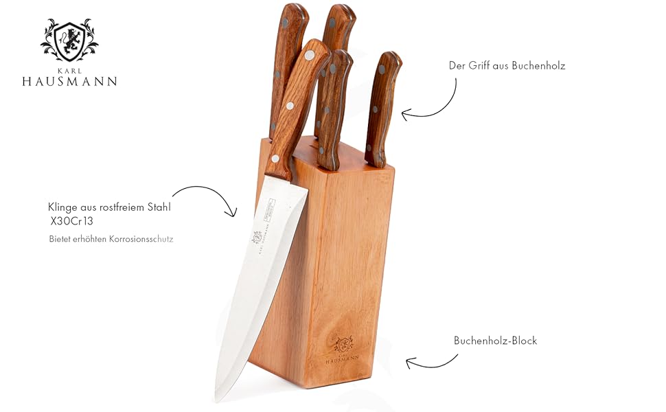 Набір ножів Karl Hausmann 5 предметів: ніжний блок, кухонні ножі з нержавіючої сталі, блок для ножів з пластику та щетиною
