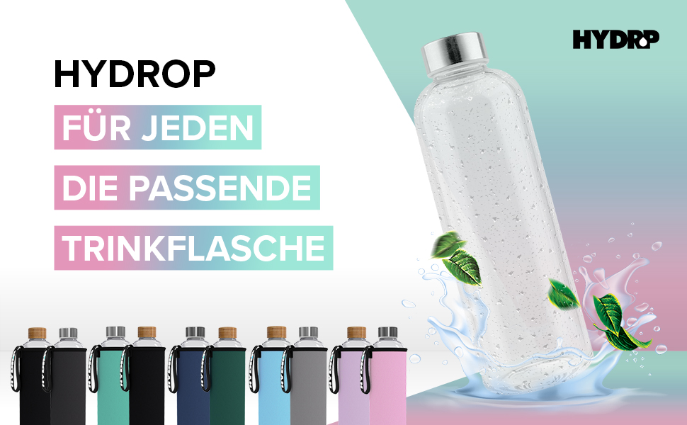 HYDROP® TEST WINNER Glass Bottle 1 Liter with Protective Sleeve - Shatterproof - Drinking Bottle Glass in 1L or 750ml, Suitable for Carbonated Drinks & Leak-Proof - Glass Water Bottle with High-Quality Gift Packaging