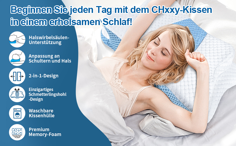 Подушка з піною з пам'яті CHxxy, ортопедична для шиї та підтримки плечей, ергономічна, для сну на боці, на животі та на спині (блакитний)