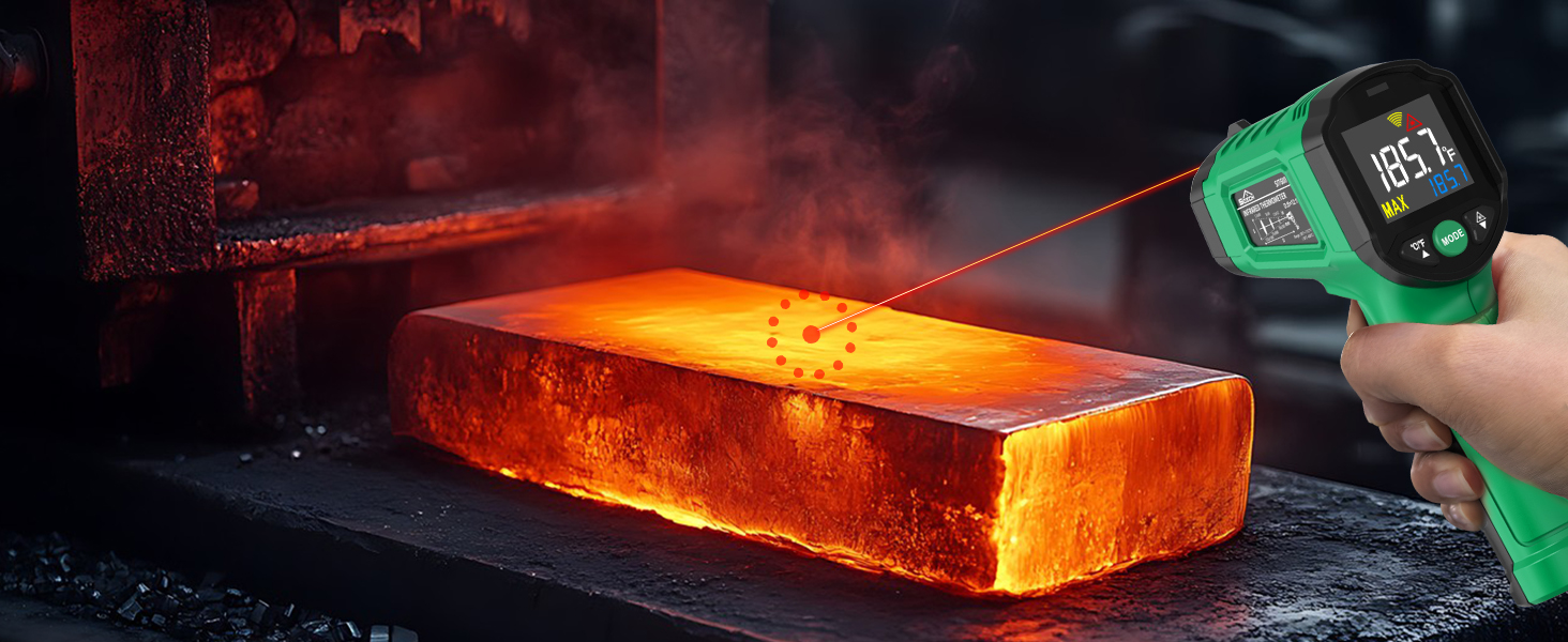 Інфрачервоний термометр SQECH з лазером, -50℃~600℃, регульований коефіцієнт випромінювання, кольорова підсвітка, для кухні, піца-печі, холодильника, промисловості (червоний, зелений)