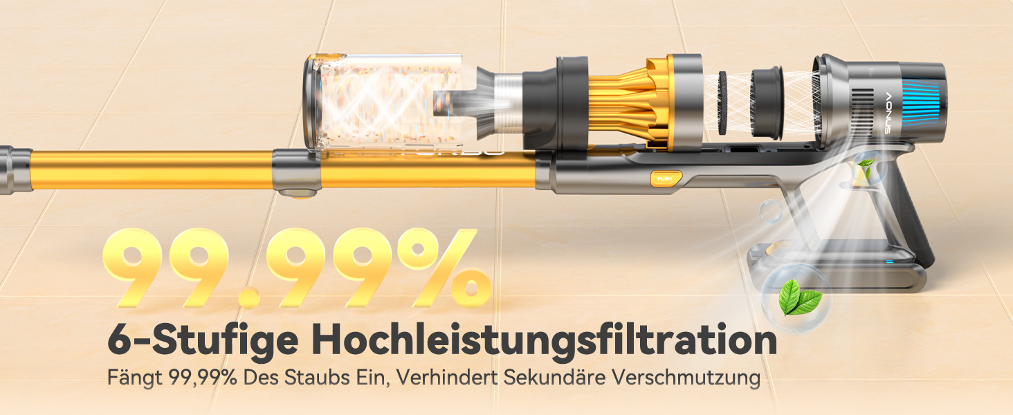 Бездротовий пилосос Aonus 55Kpa 580W з дисплеєм, час роботи до 75 хв, автоматичний режим, для килимів, шерсті тварин та твердих поверхонь, золотий