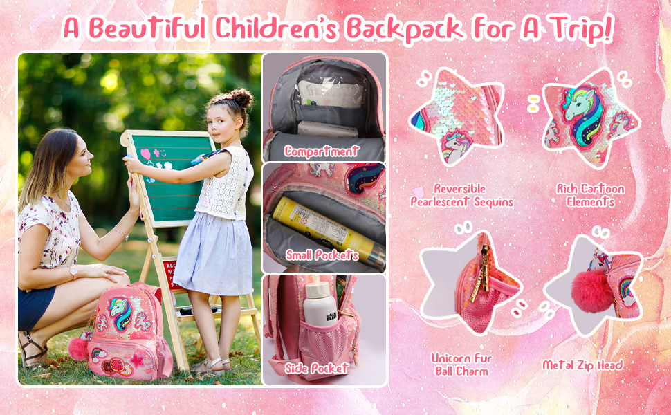 Рюкзак Єдиноріг для дівчинки, дитячий рюкзак з паєтками, персоналізований рюкзак Каваї для школи, рюкзак у дитячий сад/школу, подарунок на день народження/Новий рік, рожевий, 33 см