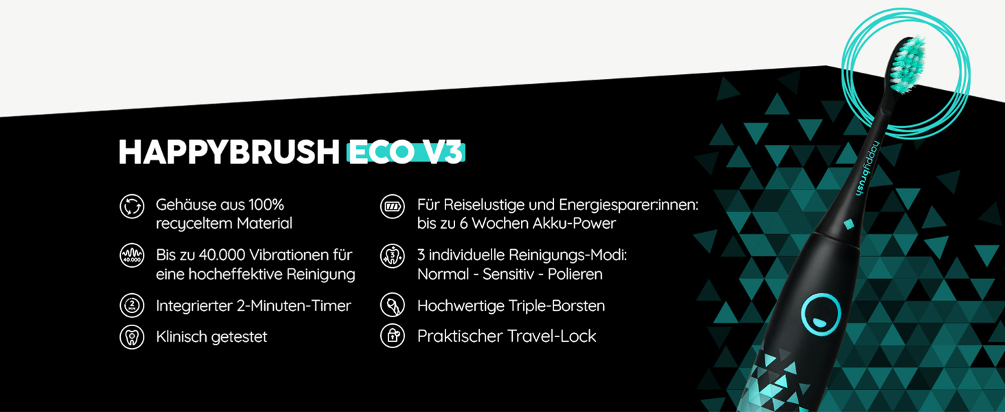 Електрична звукова зубна щітка happybrush® Eco Vibe 3 - Чорний колір - Набір з 4 насадок - Тестовий лідер - 100 днів тестування
