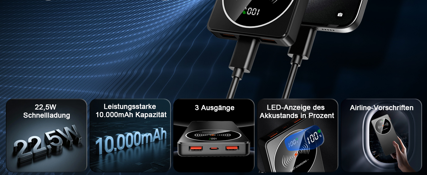 Портативний зарядний пристрій Power Bank Klein 10000mAh з USB-C, 3 порти, сумісний з iPhone 17/16/15/14/13 Pro Max Plus Mini, Android, чорний