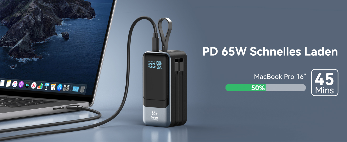 Power Bank Selore&S 65W з USB-C, 4 порти, для ноутбуків, MacBook, iPad, iPhone, Galaxy, Steam Deck, дронів, чорний