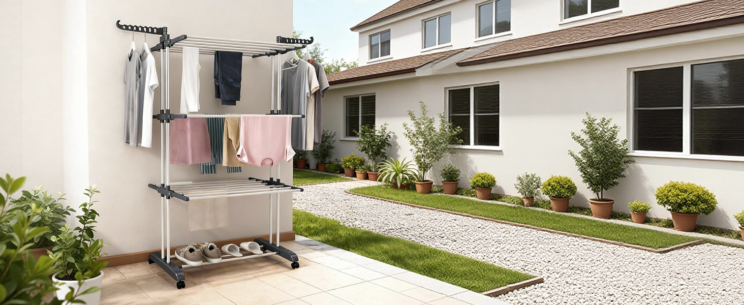 Сушарка для білизни Tower на коліщатках: 4-ярусна, з нержавіючої сталі, з 6 відкидними крилами та 2 боковими сторонами для обертання | 76x50x172 см | Компактна, складна, для балкону, ванної кімнати та саду | (Сірий)