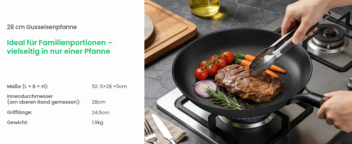 Чавунна сковорода YUTANN 28 см, для індукції, газу, електроплити, з антипригарним покриттям, без PFAS/PFOA, чорна