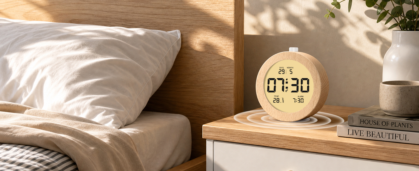 Цифровий будильник aboveClock з дерев'яним корпусом: LCD-дисплей з температурою та датою, функція Snooze, підсвічування, для спальні