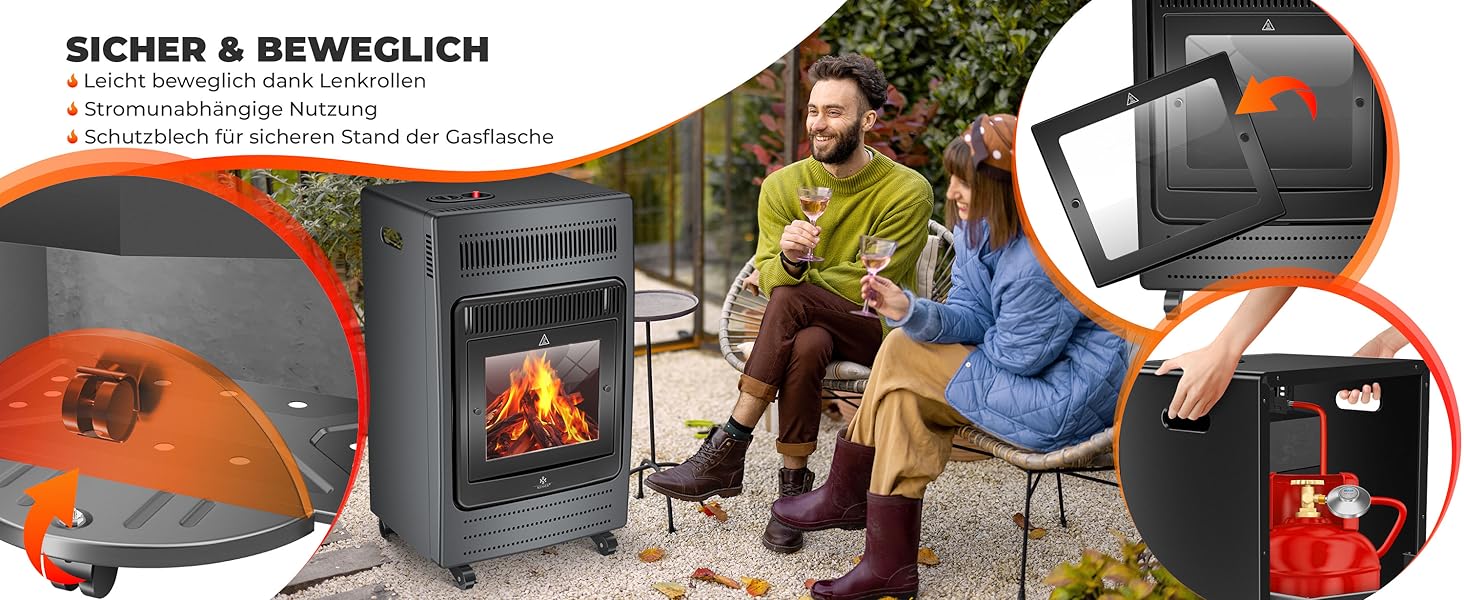Газовий обігрівач KESSER® - газовий камін з інфрачервоним нагрівачем, 3.4 кВт, 2 режими, з газовим редуктором та шлангом, для бутану/пропану, антрацит