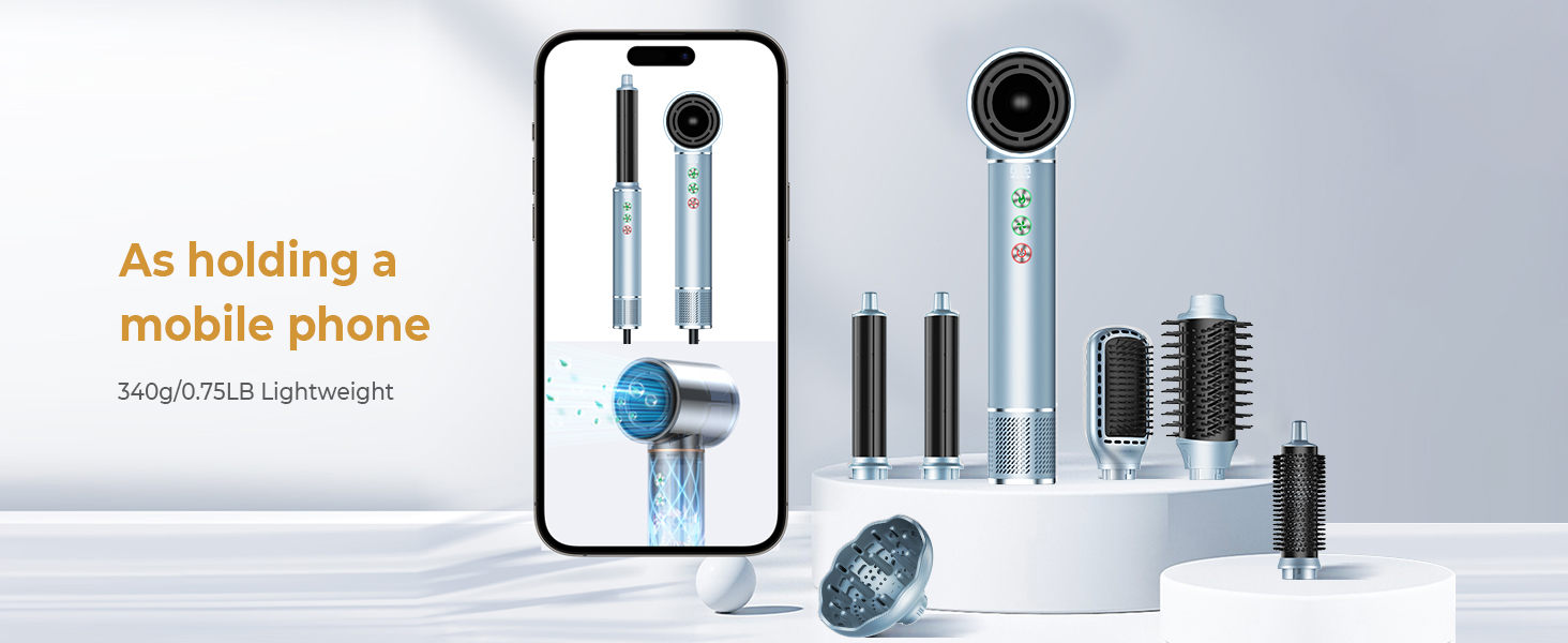 Набір для укладки волосся 7 в 1 OKWRAP Airstyler: фен, плойка, щітка для випрямлення, іонізація, 110000 об/хв, сірий/срібний