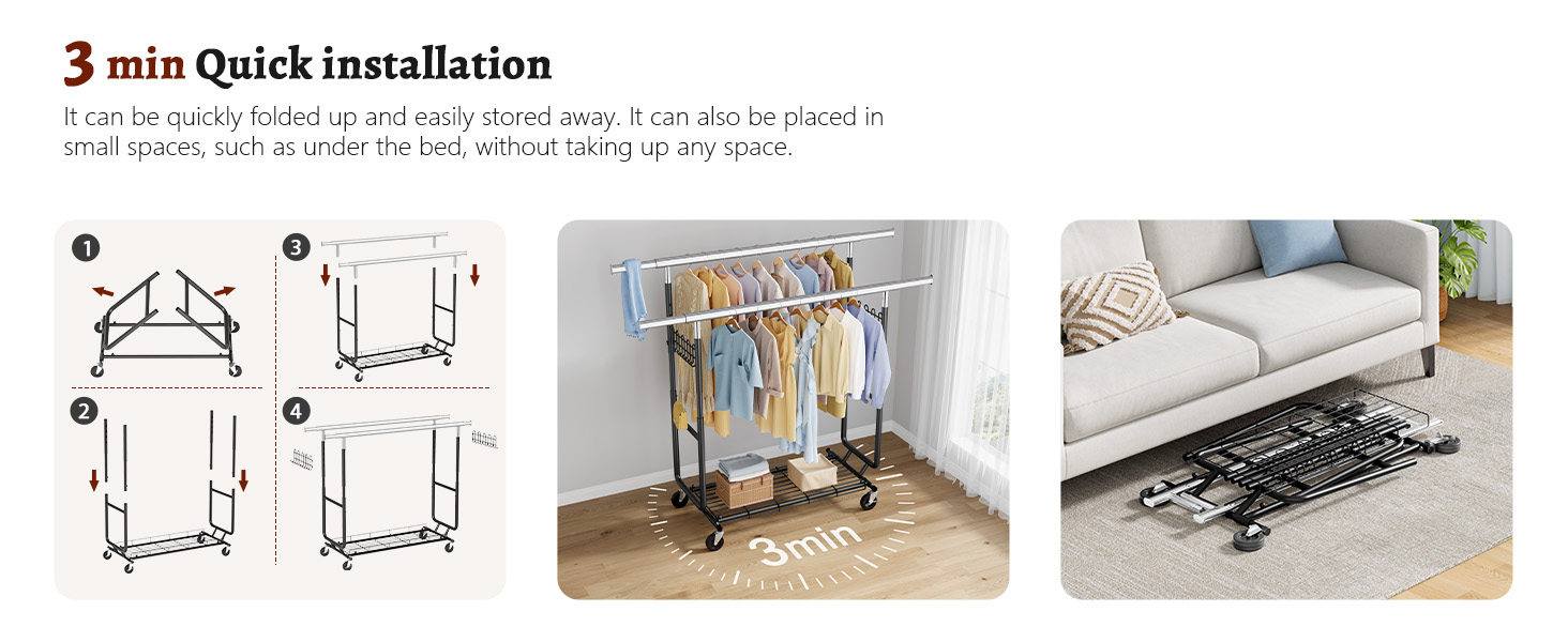 Стійка для одягу на колесах FAVOOOSTY, металева, мобільна, до 200 кг, чорна, 2 стяжки